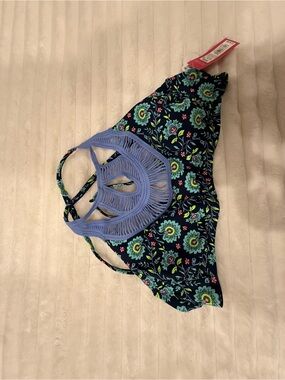 Womens Floral Navy Swimsuit top with Blue Crochet Neck